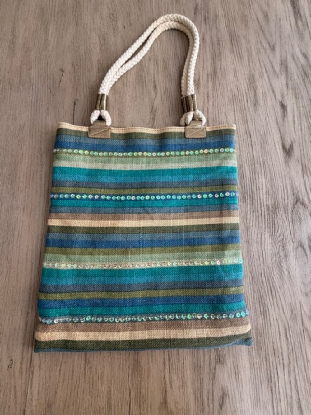 Old Navy Striped Sequin Jute Canvas Beach Tote Bag Rope Handles